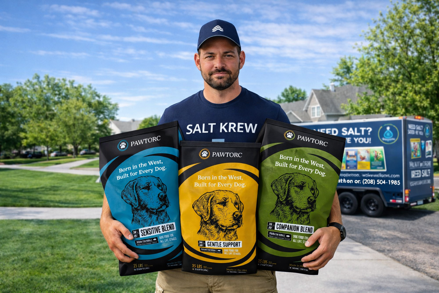 Pawtorc dog food bags carried by a Salt Krew driver
