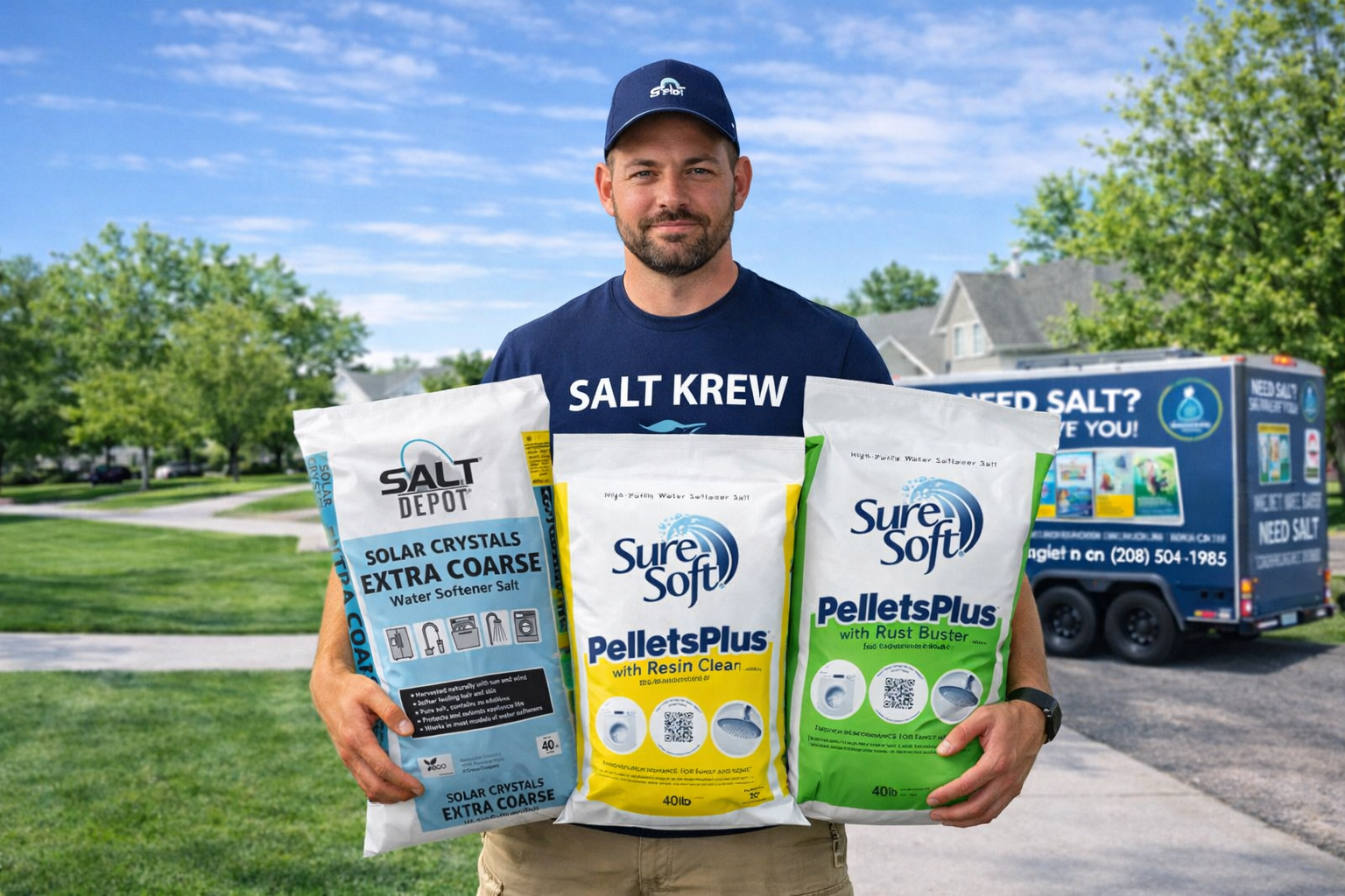 Salt Krew driver holding water-softener salt bags