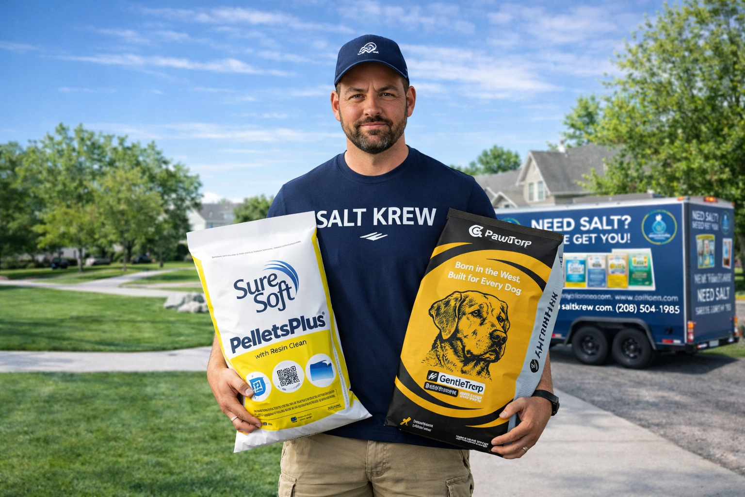 Salt Krew driver carrying water-softener salt and Pawtorc dog food bags beside the delivery trailer